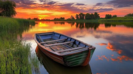 Obraz premium Sunset Serenity: A Rowboat at Peace on a Tranquil Lake