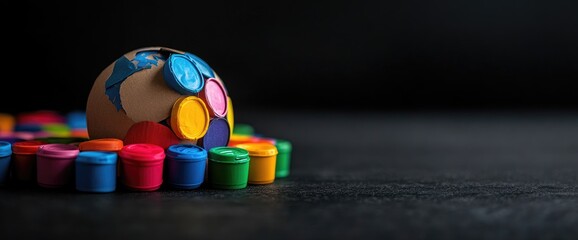 Colorful globe on paint pots; global unity; dark background; environmental concept
