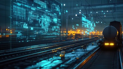 Obraz premium A train is shown on a track with a computer screen in the background