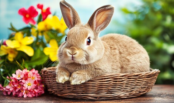 Cute bunny in basket with spring flowers in garden setting, ideal for Easter or spring themes