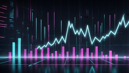 Fototapeta premium Neon-lit cityscape backdrop showcasing dynamic 3D bar and line graphs illustrating upward financial growth trends.