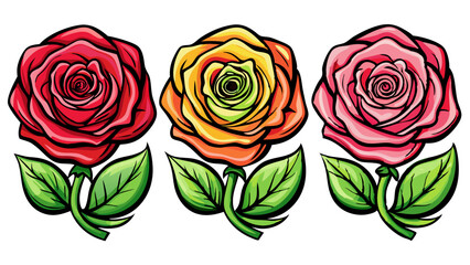 three different roses isolated black outline vector illustration, transparent background