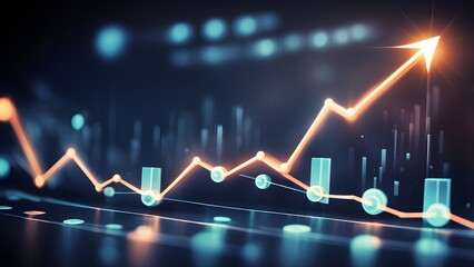 Abstract glowing orange upward trend line graph on dark background with teal data points and bars showing business growth and financial success.