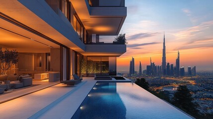 Luxury Modern Apartment with Skyline View in Dubai Stylish Penthouse with Infinity Pool at Sunset