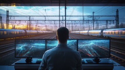 A man is sitting in front of three computer monitors, watching a train pass by
