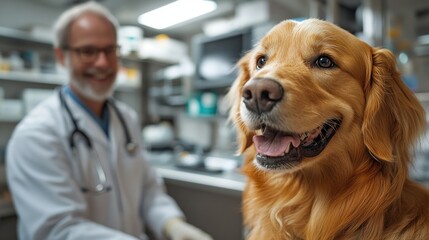 Veterinarian with Golden Retriever in Veterinary Clinic Affectionate Petting Interaction Modern Facility