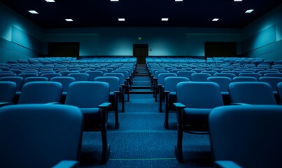 Naklejka premium Empty auditorium seating, dim lighting, center aisle, presentation/lecture hall