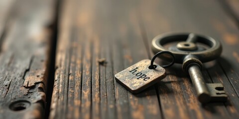 Antique Key with Hope Tag on Weathered Wooden Surface