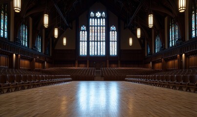Empty auditorium with wooden floor, seating, stained glass window, and dramatic lighting