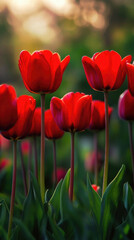 Obraz premium Vibrant Red Tulips in Bloom During Sunset in a Garden Setting - Perfect for Floral Art and Nature Photography