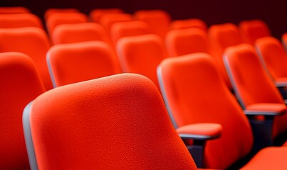 Obraz premium Empty red cinema or theater seats in rows, ready for audience