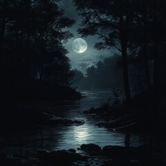 Full moon over tranquil river scene at night, surrounded by dark trees reflecting moonlight on water.