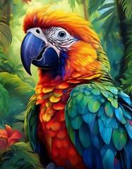 Fototapeta premium Portrait, a parrot in a rainforest, vibrant colours, 3D, acrylic painting