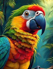 Fototapeta premium Portrait, a parrot in a rainforest, vibrant colours, 3D, acrylic painting