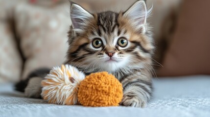 Naklejka premium Cute kitten playing with toys on sofa indoors