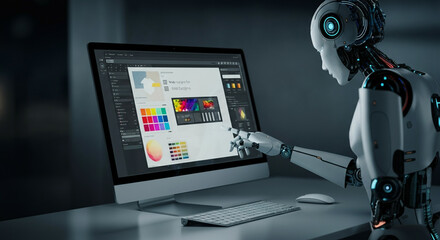 未来的なロボットがハイテク環境で絵をデザインする様子