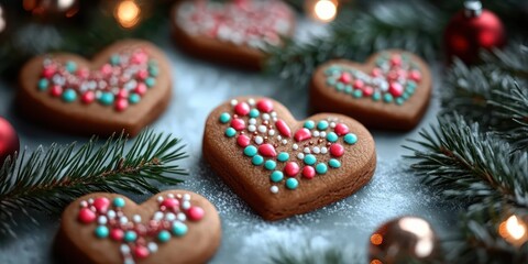 Heart-Shaped Gingerbread Cookies with Colorful Icing and Christmas Decorations