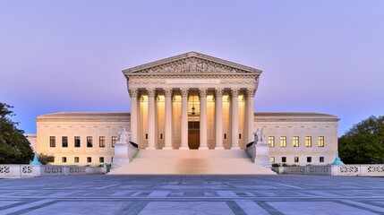Supreme Court building exterior at sunset, symbolizing justice, law, and the enduring principles of democracy under the warm glow of twilight.