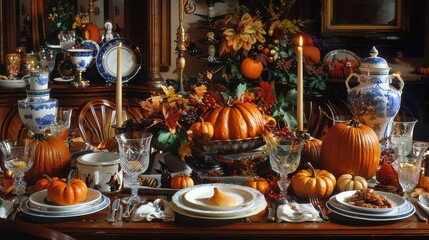 Naklejka premium A traditional Thanksgiving dinner table adorned with autumn-colored decorations, pumpkins, and candles