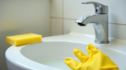 Cleaning a bathroom sink with a yellow glove and sponge, water dripping from a faucet