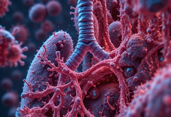 A detailed microscopic image depicts a lung heavily infected with viruses, showcasing intricate alveolar structures and bronchial pathways.