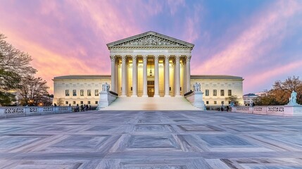 Supreme Court building exterior at sunset, symbolizing justice, law, and the enduring principles of democracy under the warm glow of twilight.