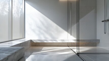 Obraz premium A bathroom with a bench and a shower