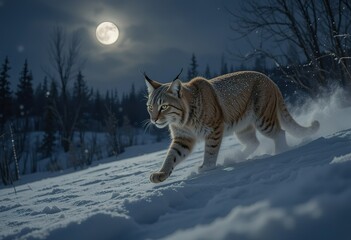 A lynx gracefully walks through a snowy landscape under the light of a full moon, showcasing its wild beauty and power.