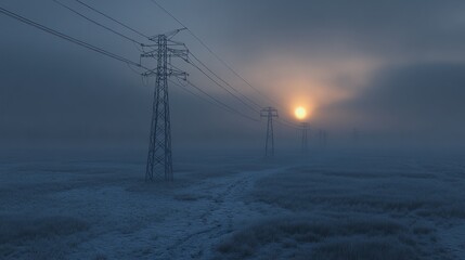 Misty Sunrise Power Lines