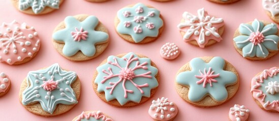 Fototapeta premium Whimsical Decorated Cookies with Icing Snowflake Tree Snowman on Pastel Pink Background for Christmas Celebration and Holiday Treats