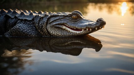 Fototapeta premium Close-up of a crocodile resting in calm waters during sunset, reflecting nature's beauty
