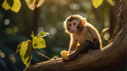 Obraz premium Young monkey sitting on a branch, enjoying fruit in a lush forest during golden hour