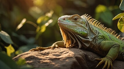 Fototapeta premium Green iguana basking on a rock amidst lush foliage, capturing sunlight in a serene environment