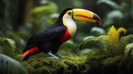 Naklejka premium Colorful toucan perched on lush green moss amidst tropical foliage in a vibrant rainforest setting