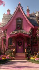 Charming Pink Cottage House with Flowery Garden