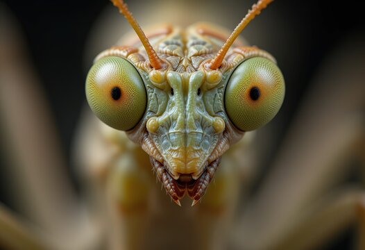 A detailed close-up photograph reveals the intricate features of a mantis's head, highlighting its large, multifaceted eyes and textured body parts.