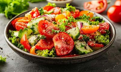 Fresh tomato cucumber salad with herbs on dark background, healthy meal