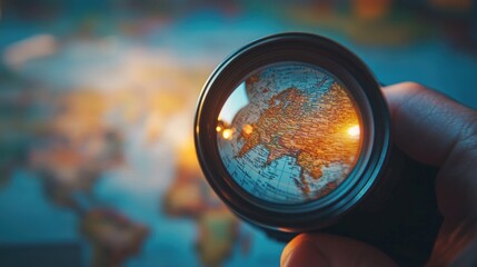 Exploring Asia through lens; world map background; travel planning