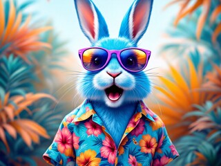 Blue bunny in sunglasses, Hawaiian shirt, with tropical palms background.