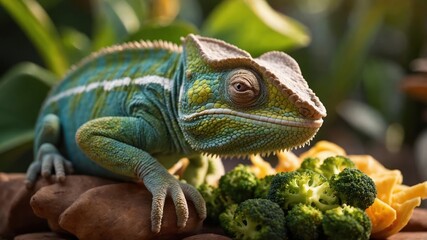 Obraz premium Colorful chameleon perched on rocks surrounded by fresh vegetables in a lush garden setting