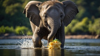 Fototapeta premium Young elephant playfully splashing in water while holding a piece of food amidst lush greenery