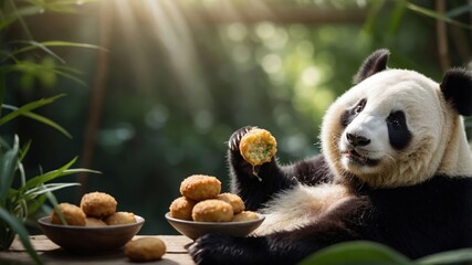 Playful panda enjoying a snack of golden treats in a lush green forest setting
