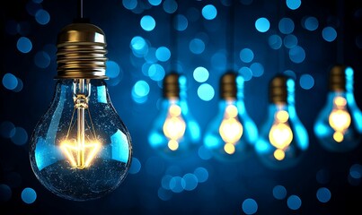 Glowing lightbulb with others blurred, bokeh background, idea concept