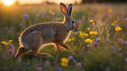 Fototapeta premium A graceful rabbit navigating through a vibrant wildflower meadow at sunset