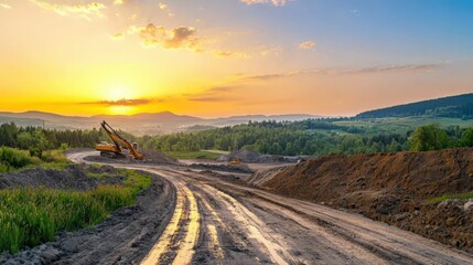 A dirt road with a large construction site in the background
