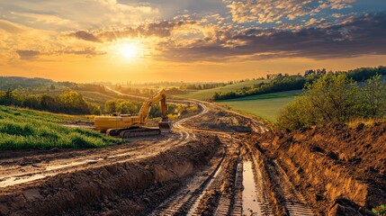 Naklejka premium A large yellow construction vehicle is driving down a dirt road