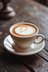 Fototapeta premium A beautifully crafted latte with a heart-shaped design in a white cup on a wooden table.