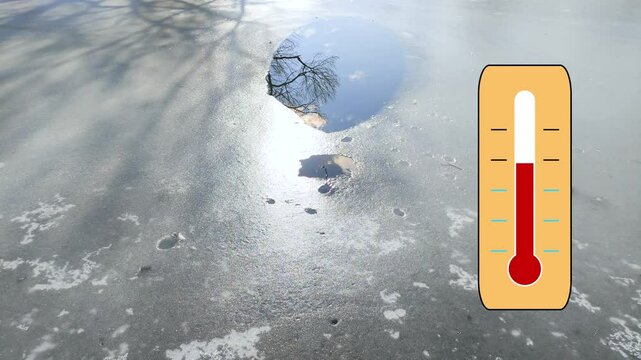 下降する温度計と凍った水面