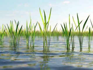 Obraz premium Rice plant in water. Featuring a rice plant growing in water. Highlighting wetland agriculture and natural habitat. Ideal for agricultural and nature visuals.