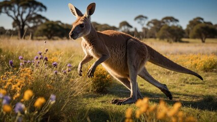 Kangaroo leaping through a vibrant wildflower field in Australia, showcasing natural beauty and wildlife